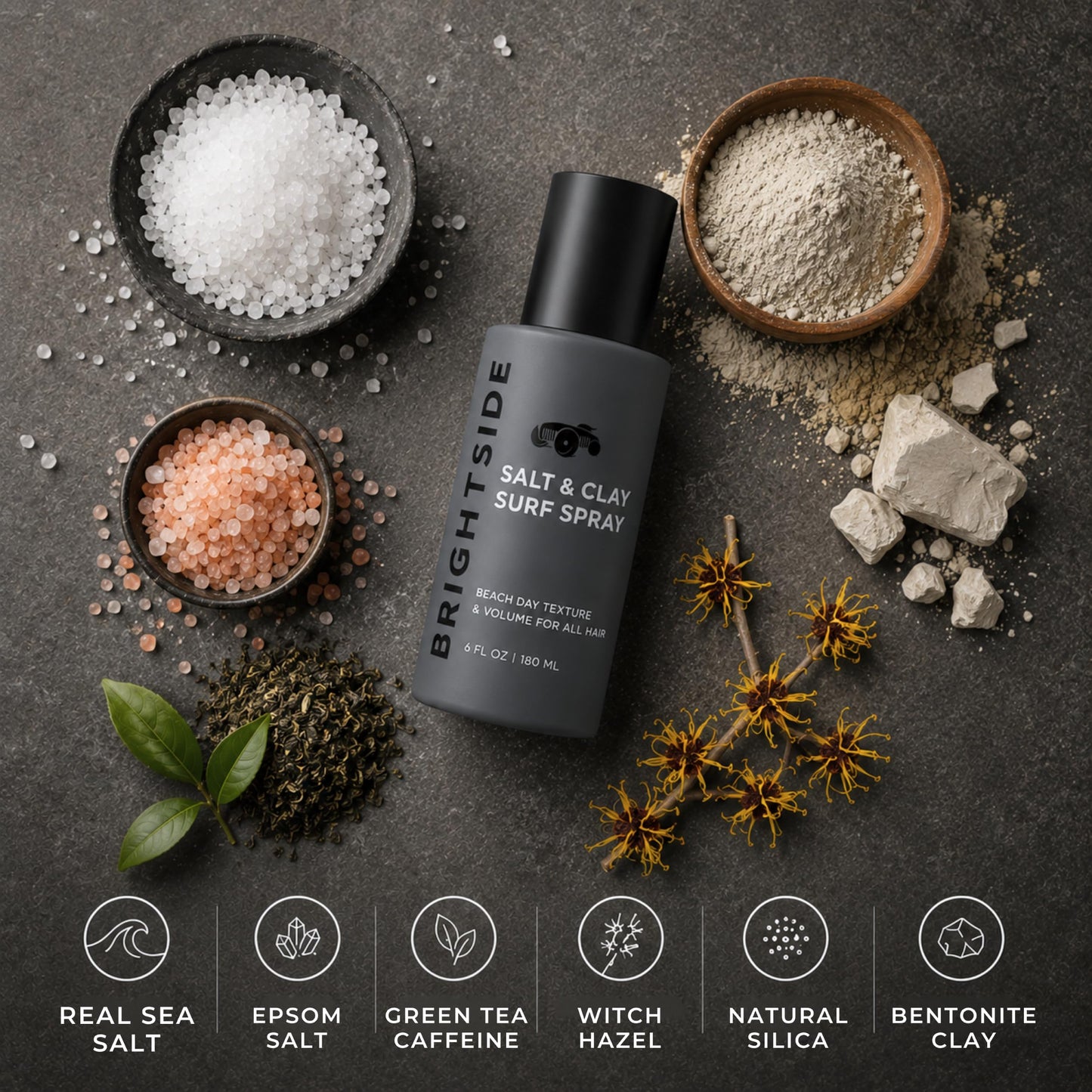 BRIGHTSIDE Salt & Clay Surf Spray - Instant Volume & Texture for Thicker Looking Hair - Natural Sea Salt Spray for Men & Women - Hydrate & Hold for All Hair - Alcohol-Free, Clean ingredients - 6oz