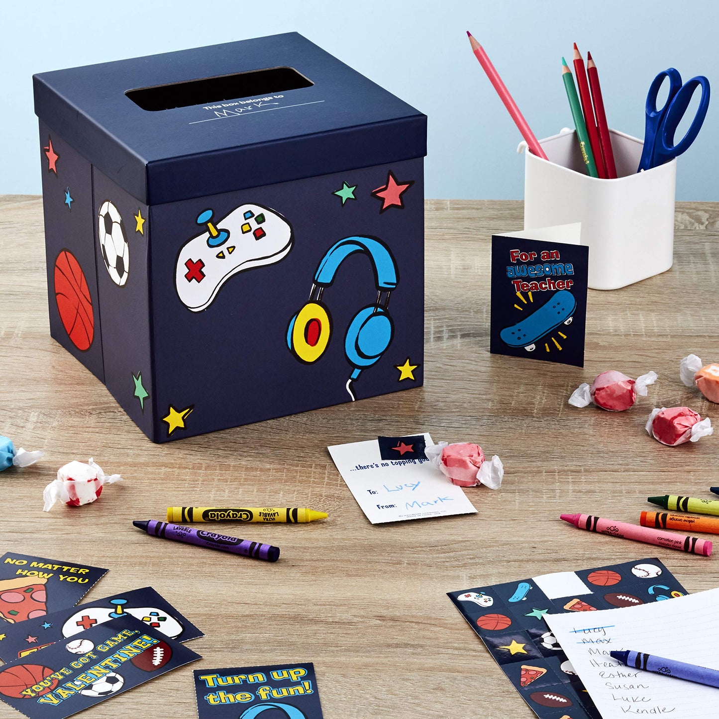 Hallmark Boys Valentines Day Cards and Mailbox for Kids School Classroom Exchange, Games and Sports (1 Box, 32 Valentine Cards, 35 Stickers, 1 Teacher Card)