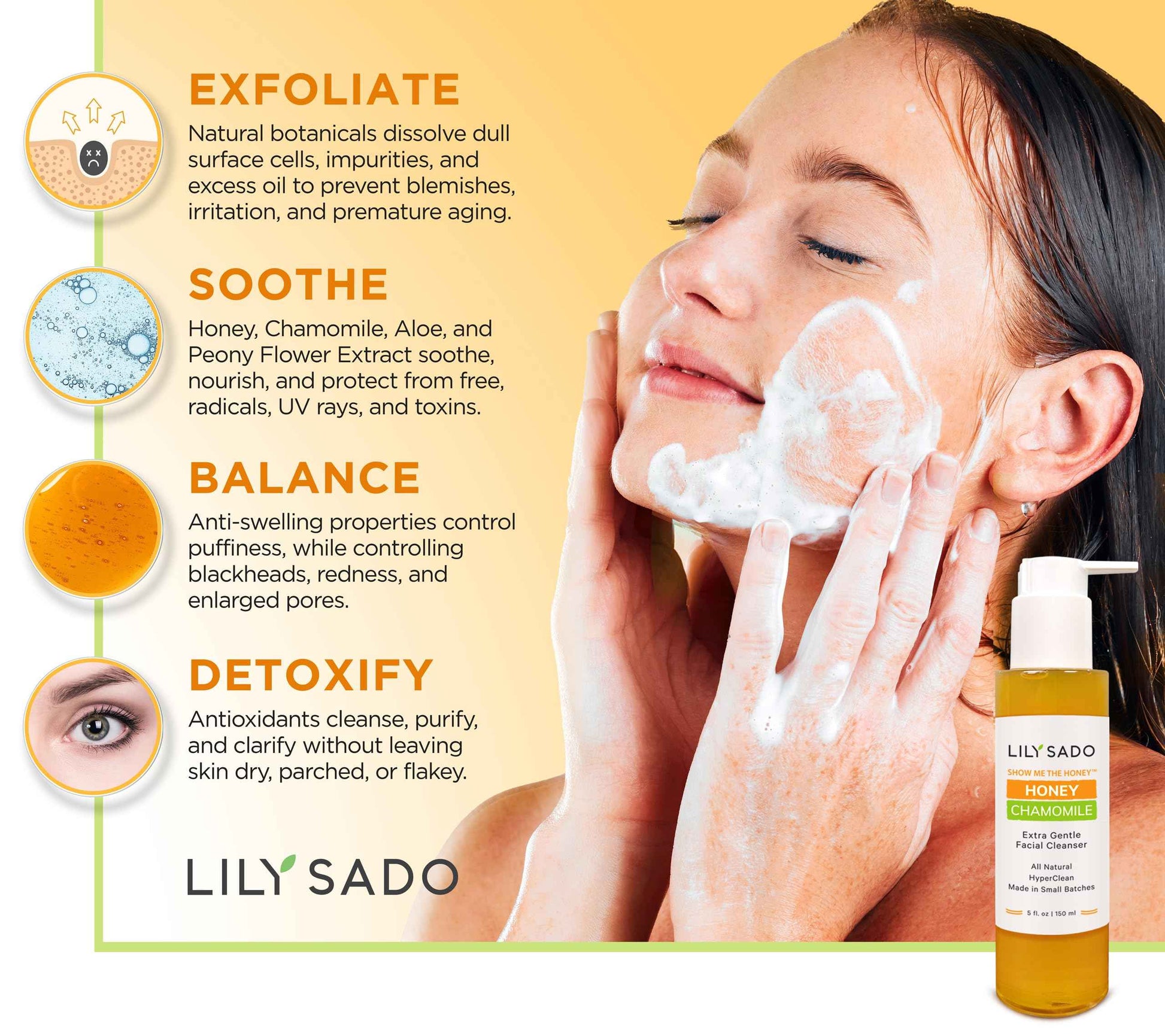 LILY SADO SHOW ME THE HONEY™ Extra Gentle Face Cleanser - Natural, Cruelty-Free Facial Wash Cleanses, Balances & Soothes - Reduces Pores & Blackheads - 5oz