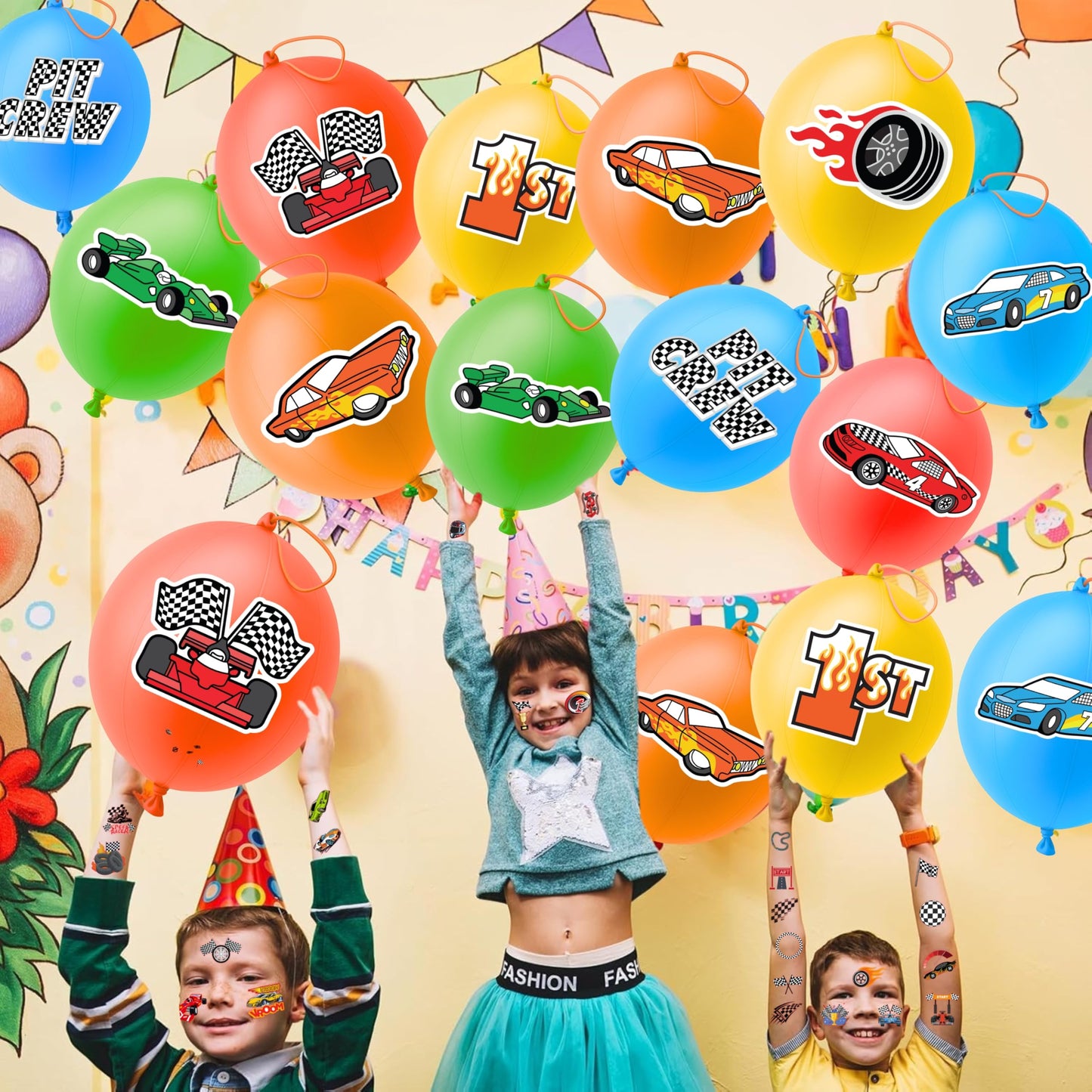 72PCS Race Car Party Favors for Kids - Car-Themed Party Supplies with 48 Pre-cut Temporary Tattoos & 24 Punch Balloons, Birthday Gifts, Goodie Bag Fillers, Classroom Rewards & Decorations