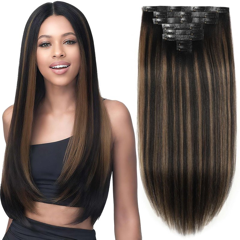 Caliee Seamless Yaki Straight Clip ins 14 Inch Balayage Natural Black Mixed Chestnut Brown Light Yaki Clip ins for Black Women 115G 8 Pcs Invisible PU Weft