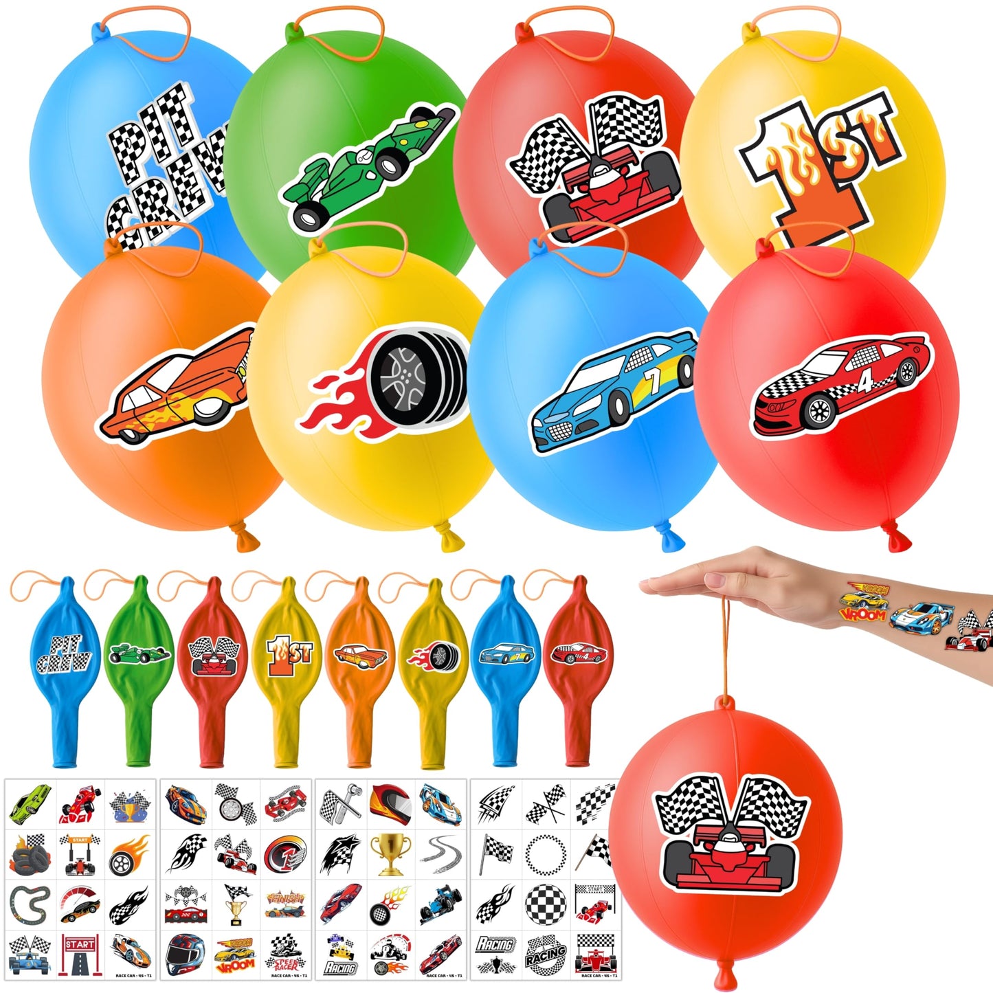 72PCS Race Car Party Favors for Kids - Car-Themed Party Supplies with 48 Pre-cut Temporary Tattoos & 24 Punch Balloons, Birthday Gifts, Goodie Bag Fillers, Classroom Rewards & Decorations