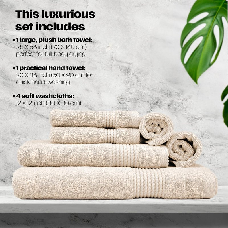 EastNBlue Lara Premium Bath Towel Set 6 Piece - Soft & Highly Absorbent Bathroom Towel Set, 100% Luxury Turkish Cotton, Flannel Bath Towels, 1 Bath Towel, 1 Hand Towel, 4 Washcloths - Beige