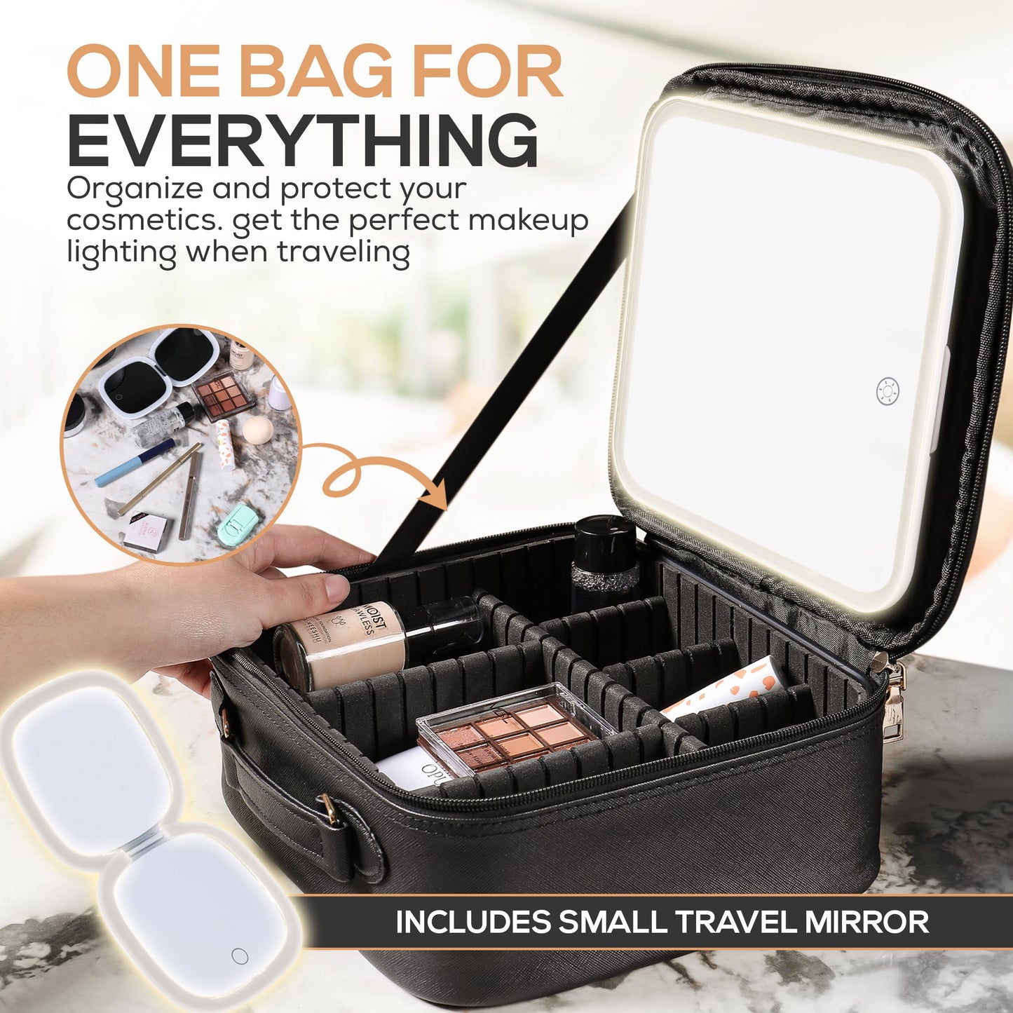 OPULUXE Makeup Bag Detachable LED Mirror With Stand 3 Adjustable Brightness 5x Zoom LED Travel Mirror Portable Cosmetics Case Brush Holder Organizer Adjustable Dividers Faux Leather Waterproof Gift