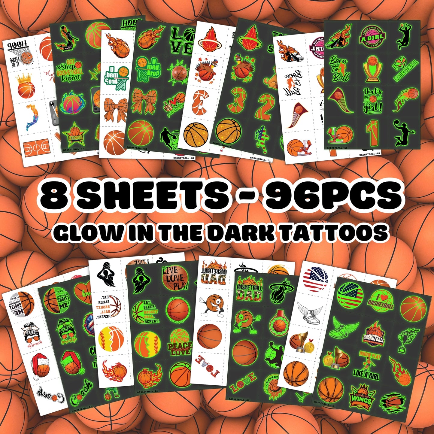 Basketball Temporary Pre - cut Tattoos - Olympic MVP Sports Game -Themed Stickers for Kids' Birthday Party Supplies, Decorations, Favors, and Prizes - Cute Gifts for Boys and Girls (Glow in the dark)