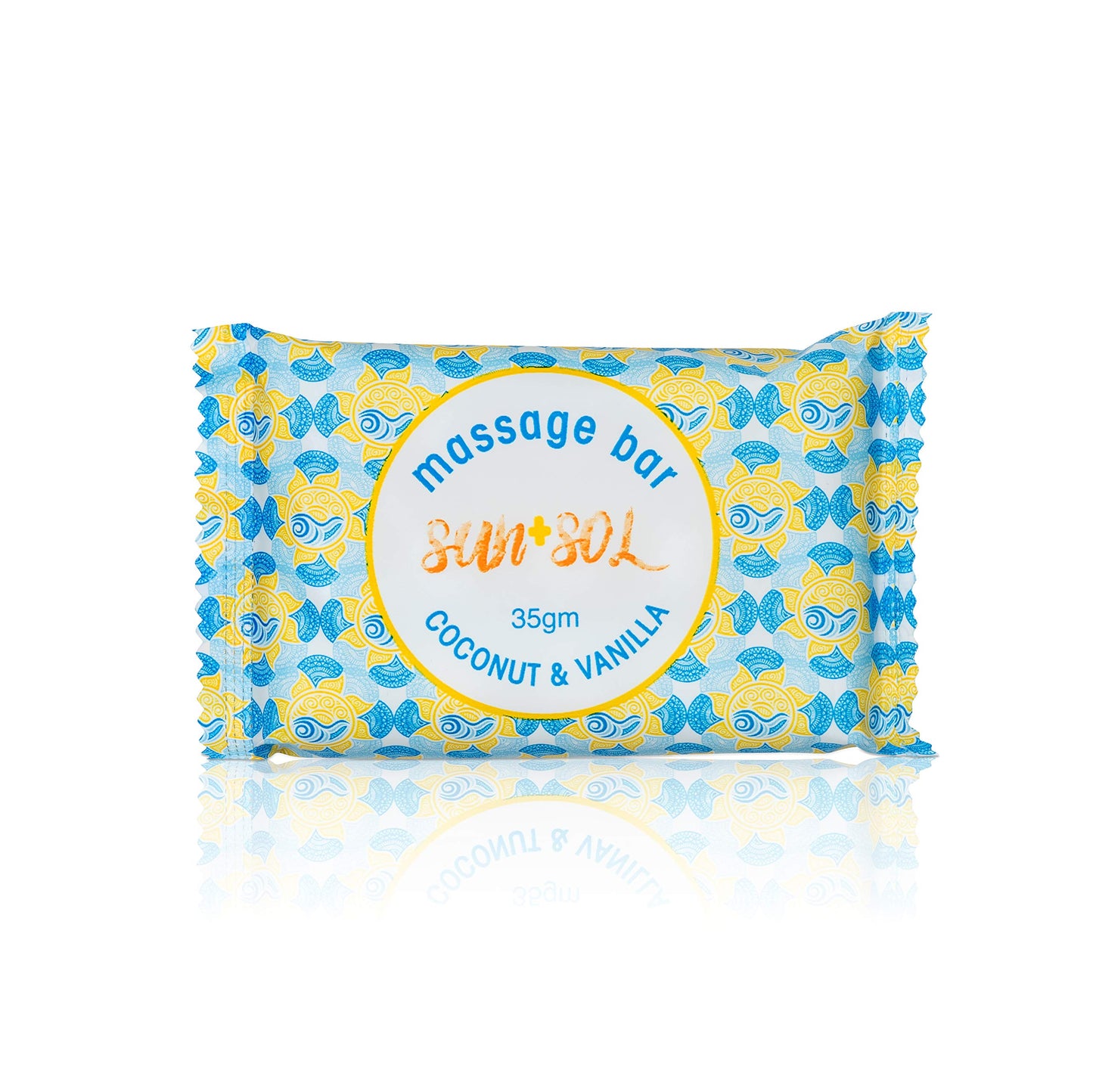 World Amenities Sun + Sol Bulk Moisturizing Massage Bar with Warm Coconut & Vanilla Fragrances, Sachet Wrapped Travel Size Toiletries, Mini Hotel Amenities, 1.23 oz, 100 Count