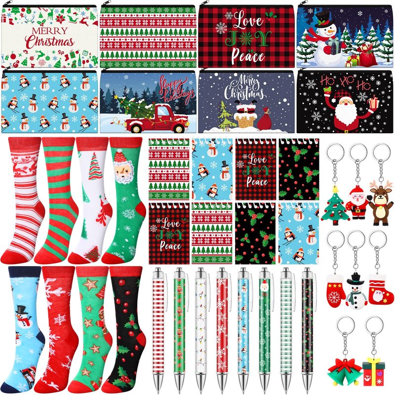 Dansydaisy 32 Pcs Christmas Gifts Set Christmas Makeup Bags Bulk Santa Socks Holiday to Do List Notepad Snowman Ballpoint Pens Keychain Xmas Party Winter Gifts