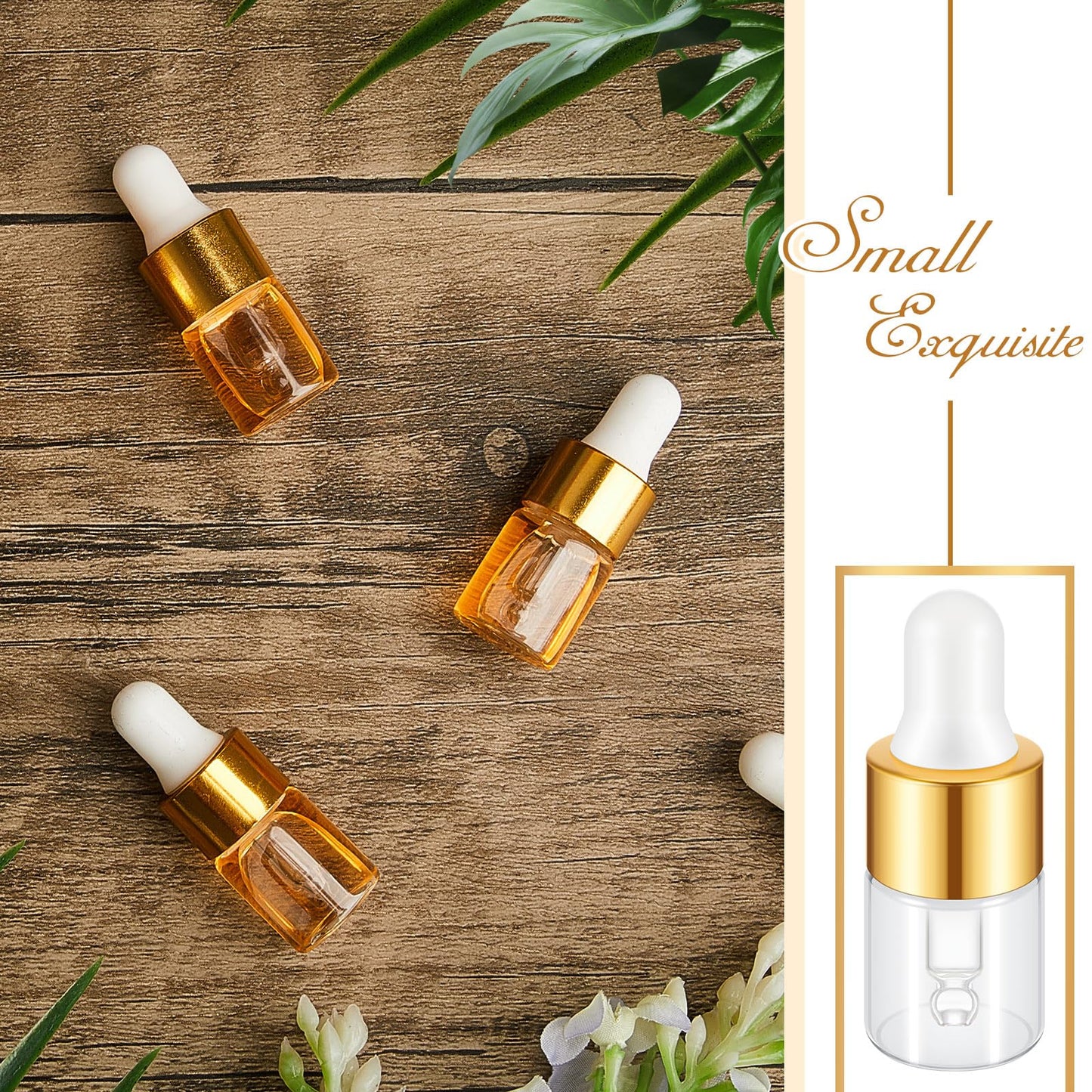 Didaey 100 Pcs 2 ml Mini Glass Oil Dropper Bottle Bulk, Clear Essential Small Empty Bottles Sample Containers Perfume Liquid Vials with Cap for Traveling(2 ml, Gold)