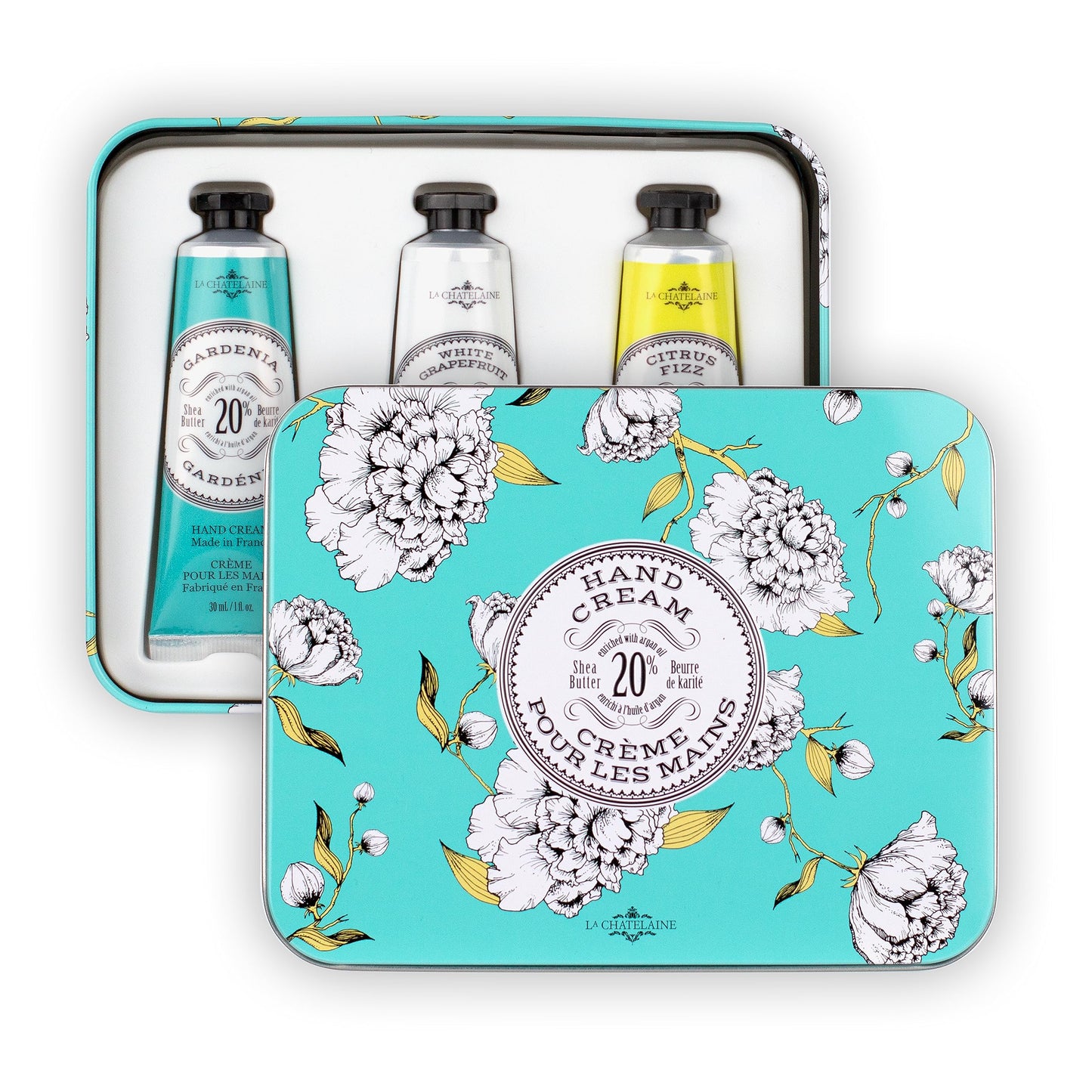 La Chatelaine Hand Cream Trio Tin Gift Set, Natural Hand Lotion, Made in France with 20% Organic Shea Butter, Moisturizing (Gardenia, White Grapefruit, Citrus Fizz) 3 x 1 fl.