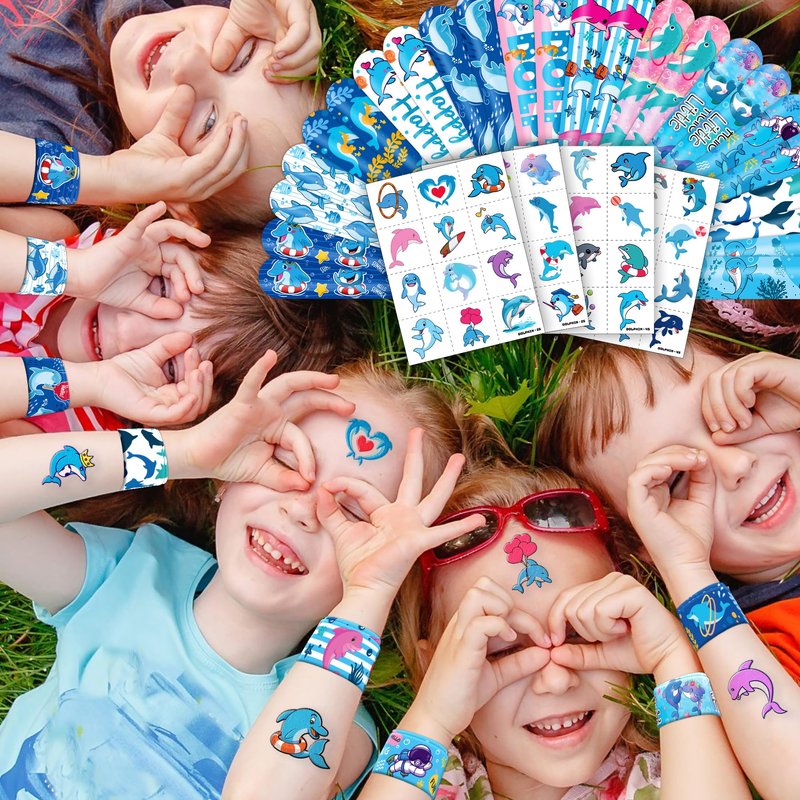 Cherisnowy 72 PCS Dolphin Party Favors - 48 Temporary Pre-Cut Tattoos & 24 Slap Bracelets - Party Favors for Boys & Girls, Birthday Goodie Bag Fillers, Baby Shower Gifts, Classroom Rewards