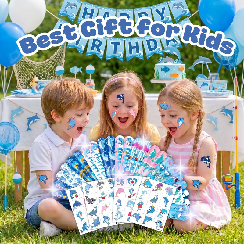 Cherisnowy 72 PCS Dolphin Party Favors - 48 Temporary Pre-Cut Tattoos & 24 Slap Bracelets - Party Favors for Boys & Girls, Birthday Goodie Bag Fillers, Baby Shower Gifts, Classroom Rewards