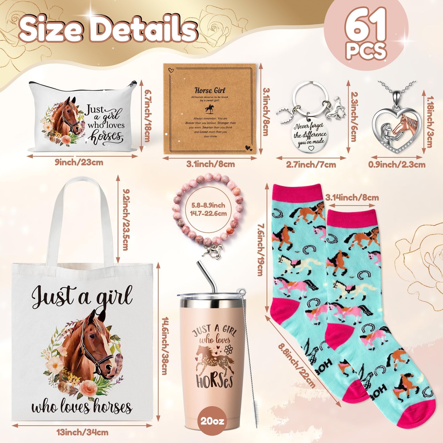 Y1tvei Horse Gift Set for Women Girls- 61pcs Just A Girl Who Loves Horses Tote Bag with Cosmetic Bag, Tumbler with Straw, Keychain Pink Bracelet Necklace Socks Sticker Set for Lover Friends Birthday