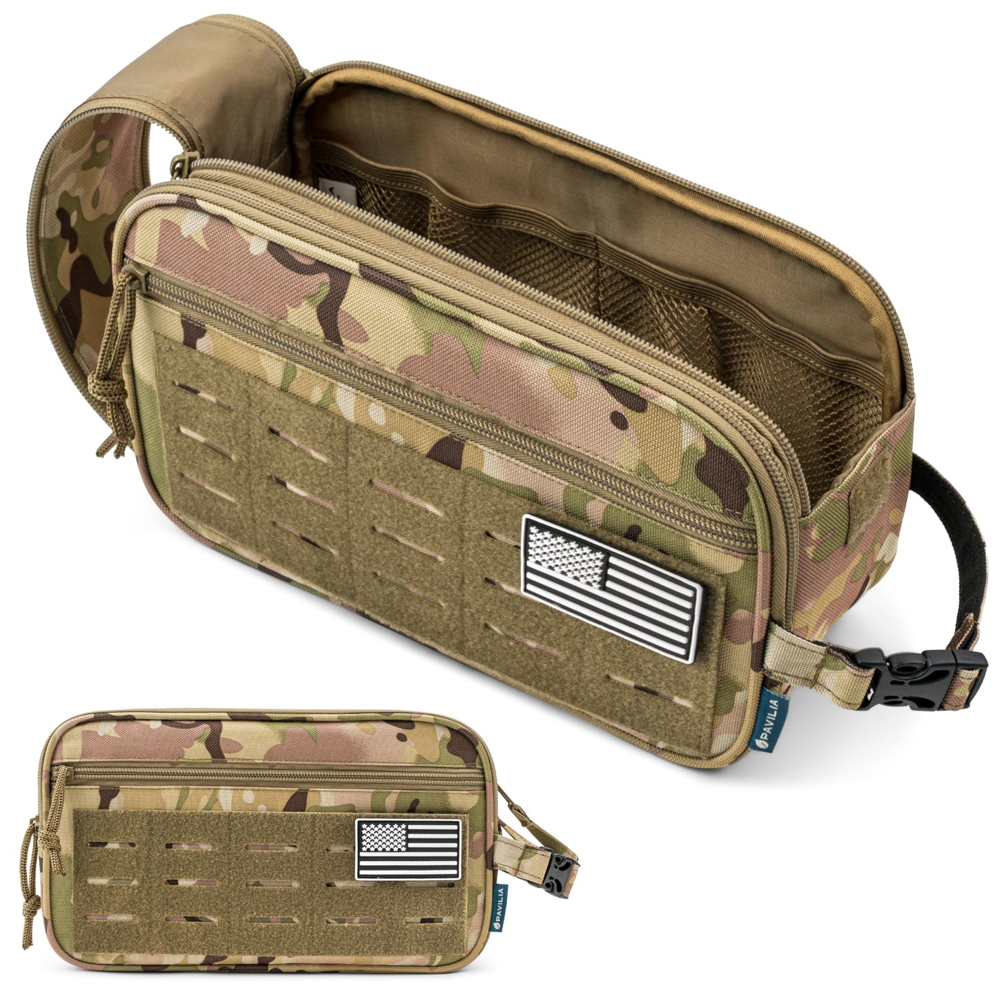 PAVILIA Tactical Toiletry Bag for Men, Water Resistant Molle Military Dopp Kit, Travel Hygiene Organizer with Wet Dry Storage for Shaving, Grooming, Gym and Camping, Camo XL