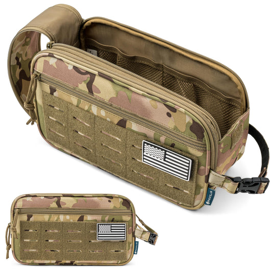 PAVILIA Tactical Toiletry Bag for Men, Water Resistant Molle Military Dopp Kit, Travel Hygiene Organizer with Wet Dry Storage for Shaving, Grooming, Gym and Camping, Camo XL