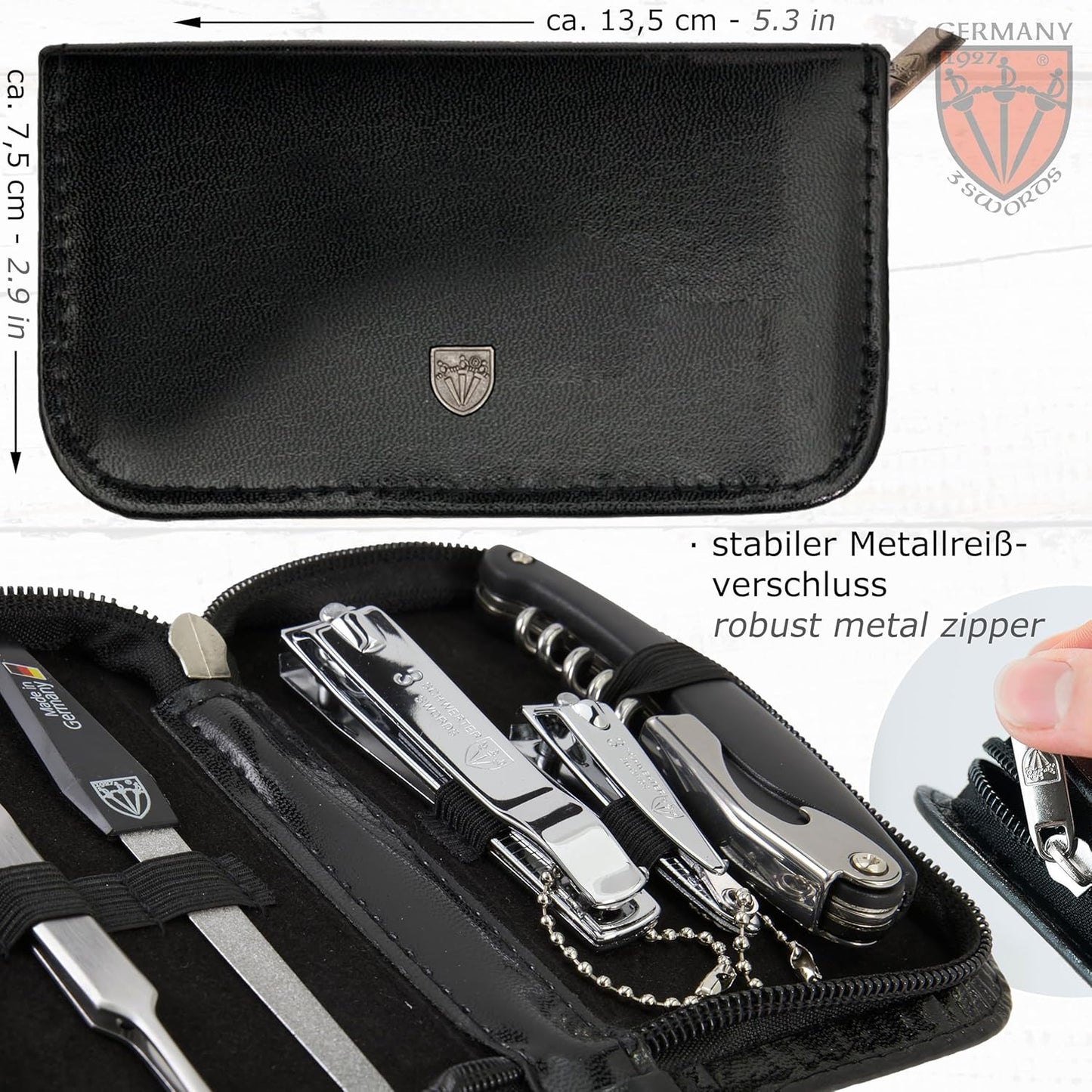 3 Swords Germany 5-Piece Manicure Pedicure Grooming Kit - Professional Nail Care Set in Fashion Leather Case | Gift Box Included