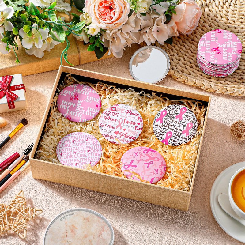 Pinkunn 100 Pcs International Women's Day Gifts Bulk for Woman Pink Inspirational Faith Compact Mirrors for Nurse Coworkers Motivational Cancer Awareness Small Pocket Travel Makeup Mirrors (Ribbon)