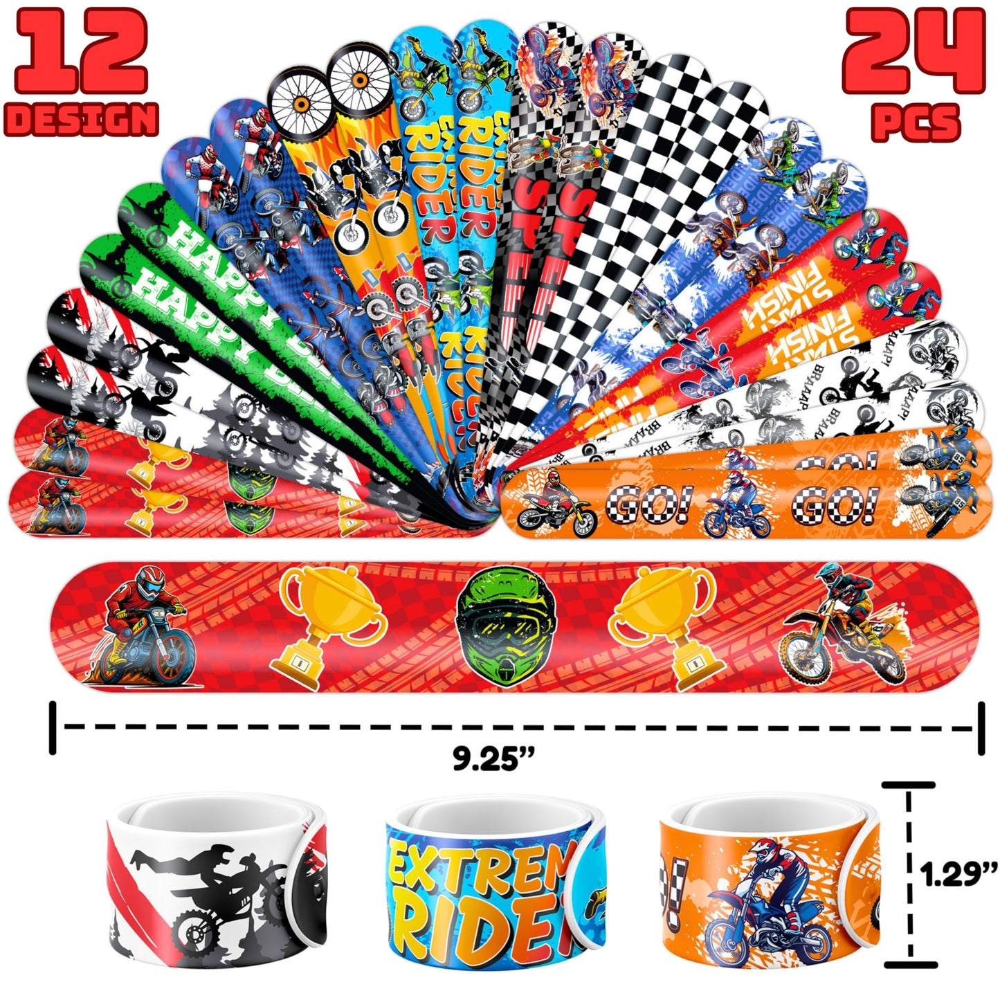 72 PCS Dirt Bike Party Favors - 48 Temporary Pre-Cut Tattoos & 24 Slap Bracelets - Fun Party Favors for Boys & Girls, Birthday Goodie Bag Fillers, Baby Shower Gifts, Classroom Rewards