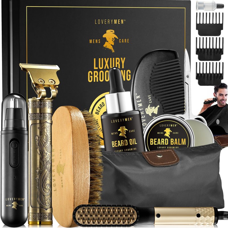 Grooming Beard Kit, Fathers Day Gift Ideas for Husband, Dad Gifts for Fathers Day, Beard Trimmer, Nose Hair Trimmer, Hair Straightener Brush, Oil, Balm & More, 15pc Men Care Kit, Gifts for Men.
