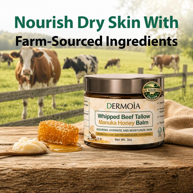 DERMOIA Grass Fed Whipped Beef Tallow for Skin with Manuka Honey - Silky Smooth, Fast Absorbing Tallow & Honey Balm - Ideal for Kids & Eczema Prone Area - Whipped Moisturizer for Dry & Sensitive Skin