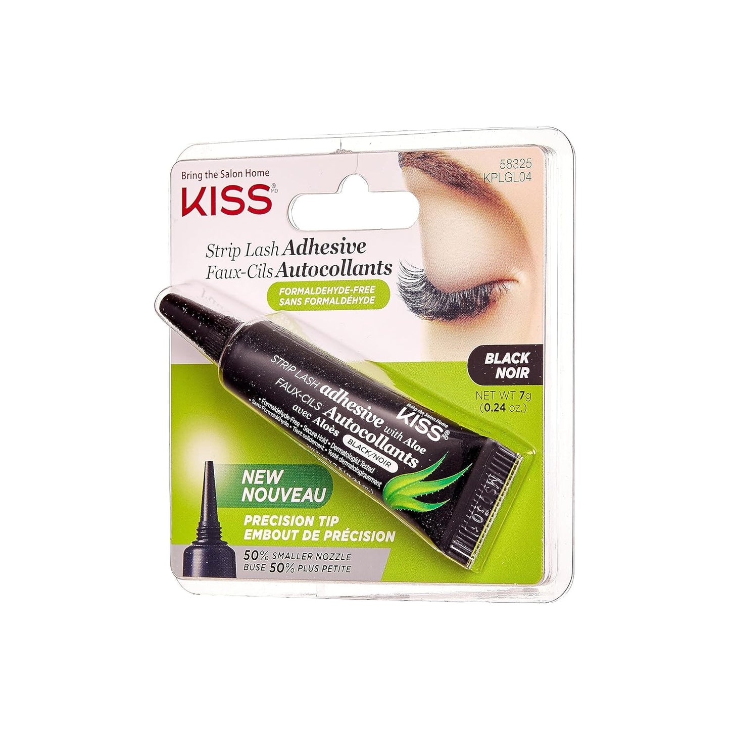 KISS Black Strip Lash Adhesive with Aloe, Dermatologist Tested, Formaldehyde Free, Non-Irritant, Contact Lens Friendly, Secure Hold, Contains Latex, with Control Nozzle Tip, 0.24 Ounce