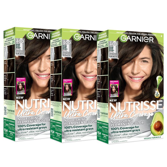 Garnier Nutrisse Ultra Coverage Hair Color, Permanent Hair Dye for Up to 8 Weeks of Stubborn Gray Coverage, Vegan & Cruelty-Free, 400 Deep Dark Brown (Sweet Pecan), 3 Count