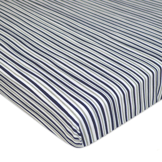 TL Care Fitted Mini Crib Sheet 24" x 38", Soft Breathable Neutral 100% Cotton Jersey Portable Sheet, Navy/Grey Funny Stripes, for Boys and Girls, Fits Most Pack N Play and Mini Crib Mattresses