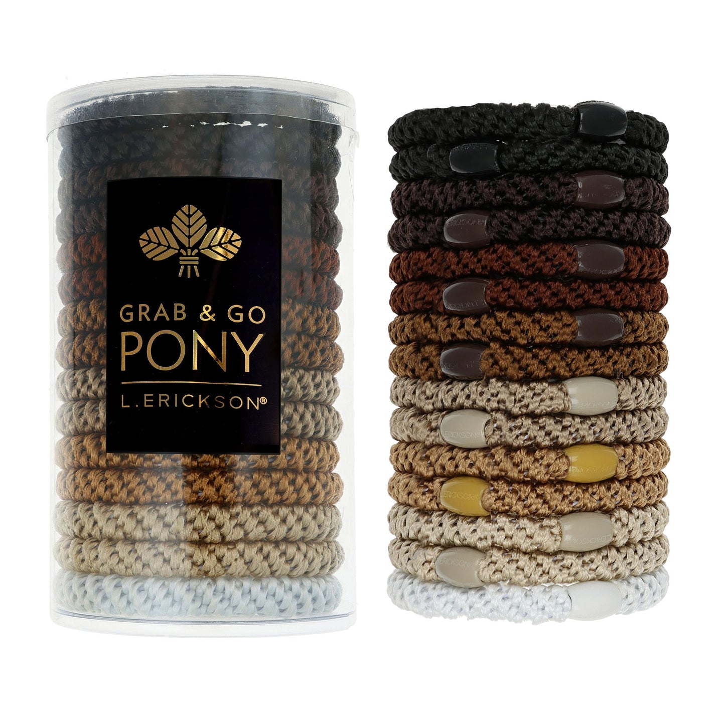 Brown and Beige Hair Ties for Thick Hair, Grab & Go Pony Tube, 15 Pack, Camelback, Thick No-Crease Bands with Strong Hold, Damage-Free Design, Warm Earthy Neutrals | L. Erickson