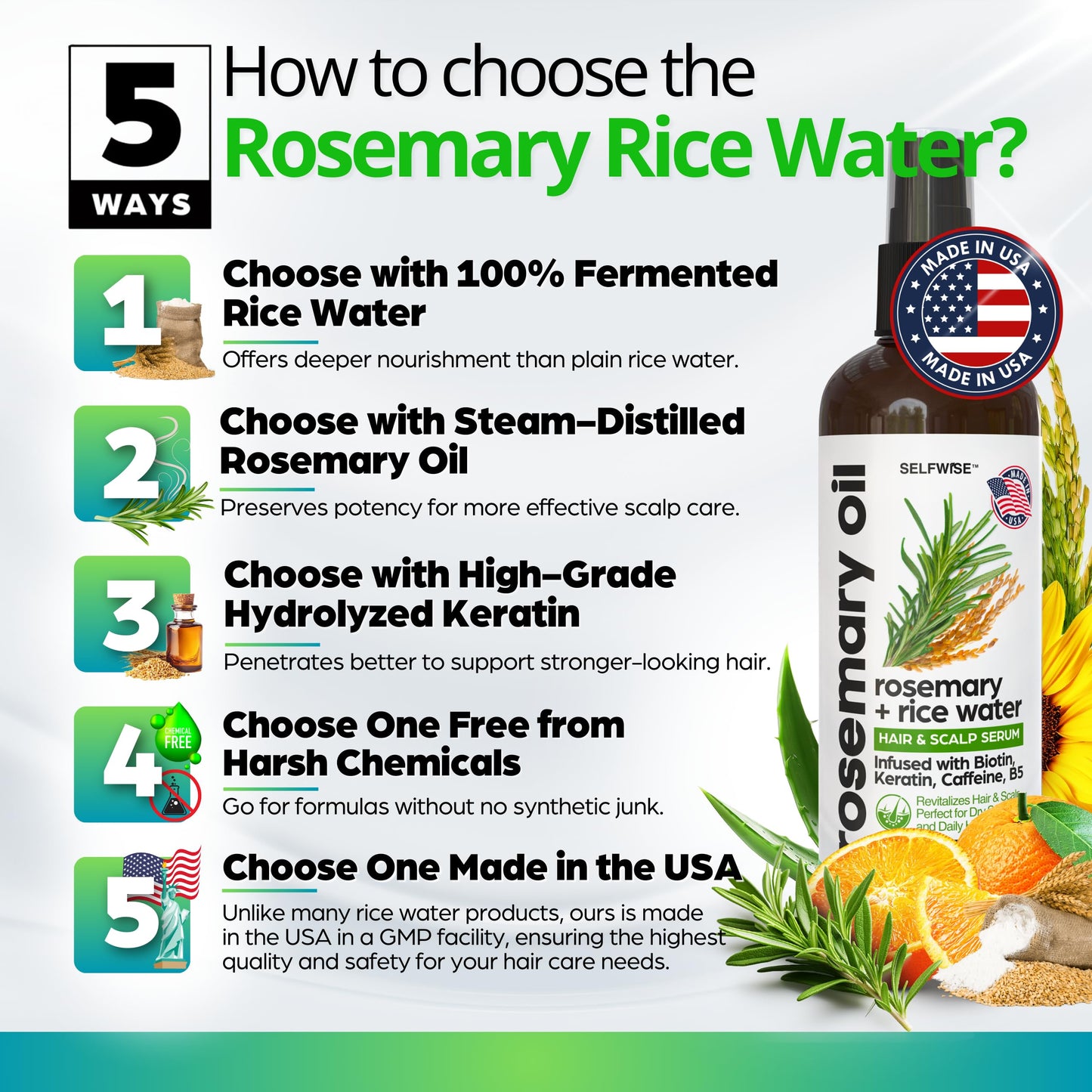 Rosemary Oil and Rice Water Hair Growth Spray - Serum with Biotin, Keratin, Caffeine, Vitamins C & B5 for Hair Mask, Hair Care, Scalp Treatment, Thickening Dry Damaged Hair for Women & Men 12oz