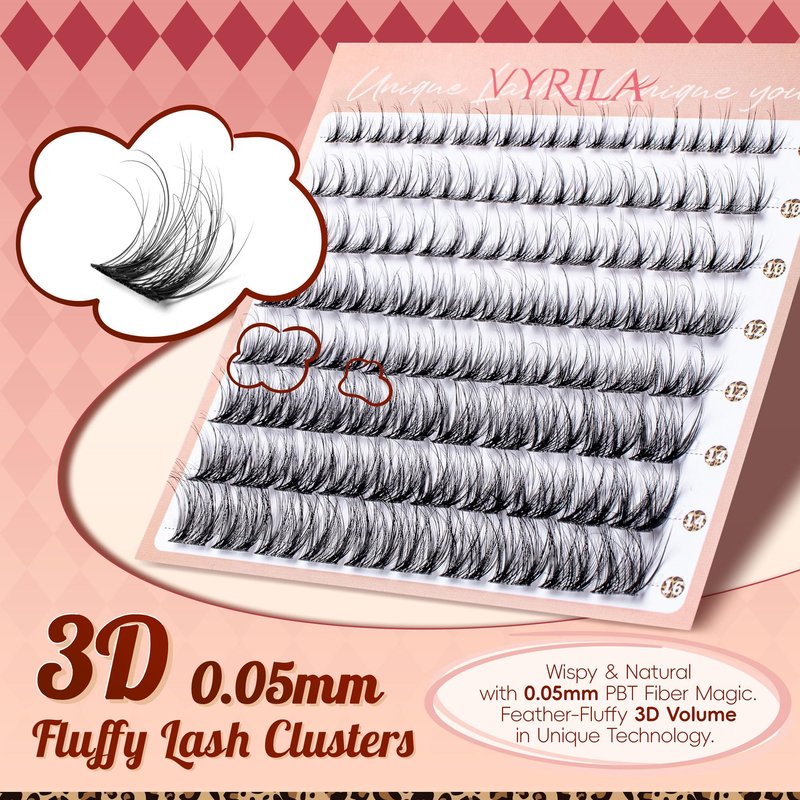 VYRILA Lash Clusters 0.05mm PBT Fiber Eyelash Clusters, 0.1mm Superfine Invisiband D Curl Diy Lash Extension, 80pcs 8-16mm Individual Lashes Clusters Like Eyelash Extensions (Twilight-D-8-16Mix)