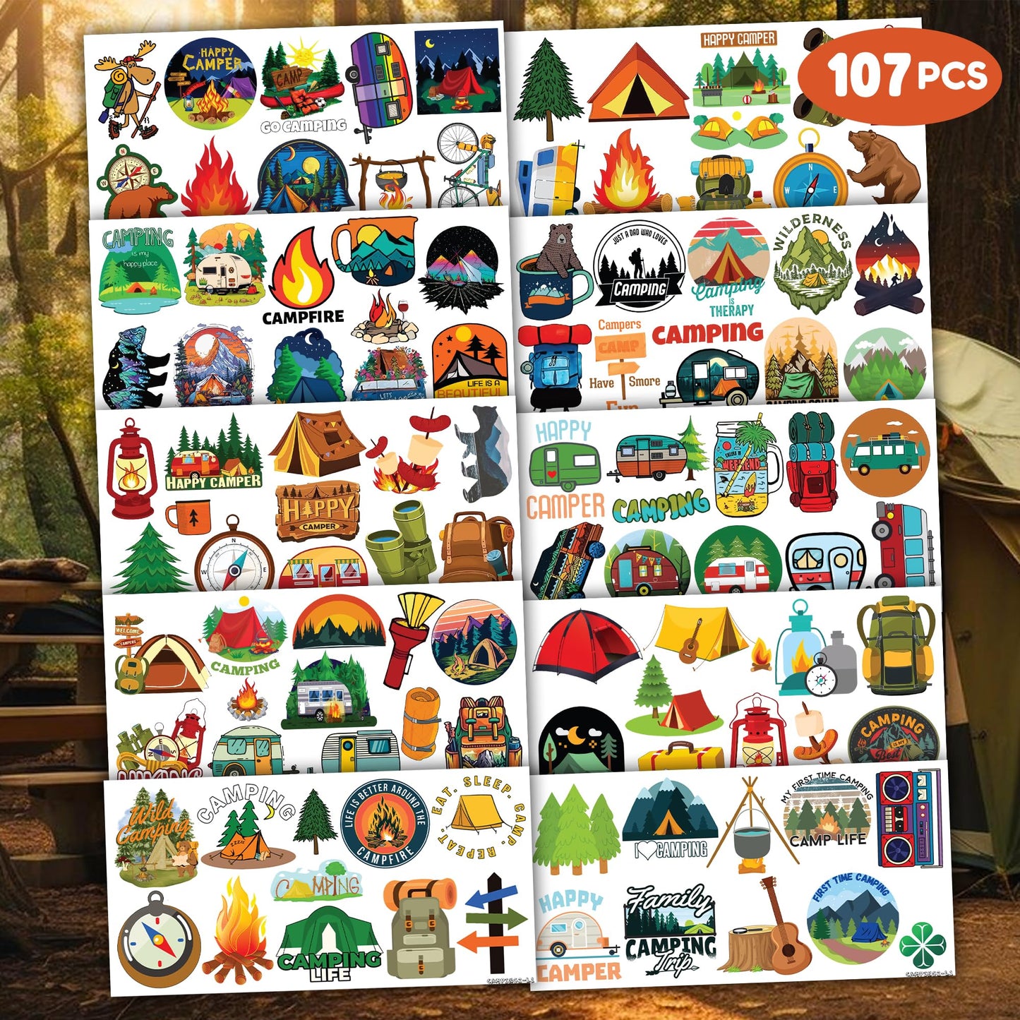 107 PCS Fire Camp Camping Temporary Tattoos Sticker for Kids