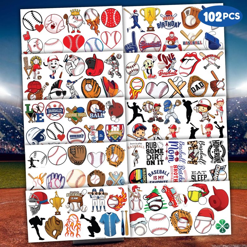 102 PCS Baseball Temporary Tattoos Sticker Softball Sports Theme Birthday Party Supplies Decorations Favors Gifts Boys Girls Adults Sporting Fans Game Player Cute Tattoo School Reward Prizes