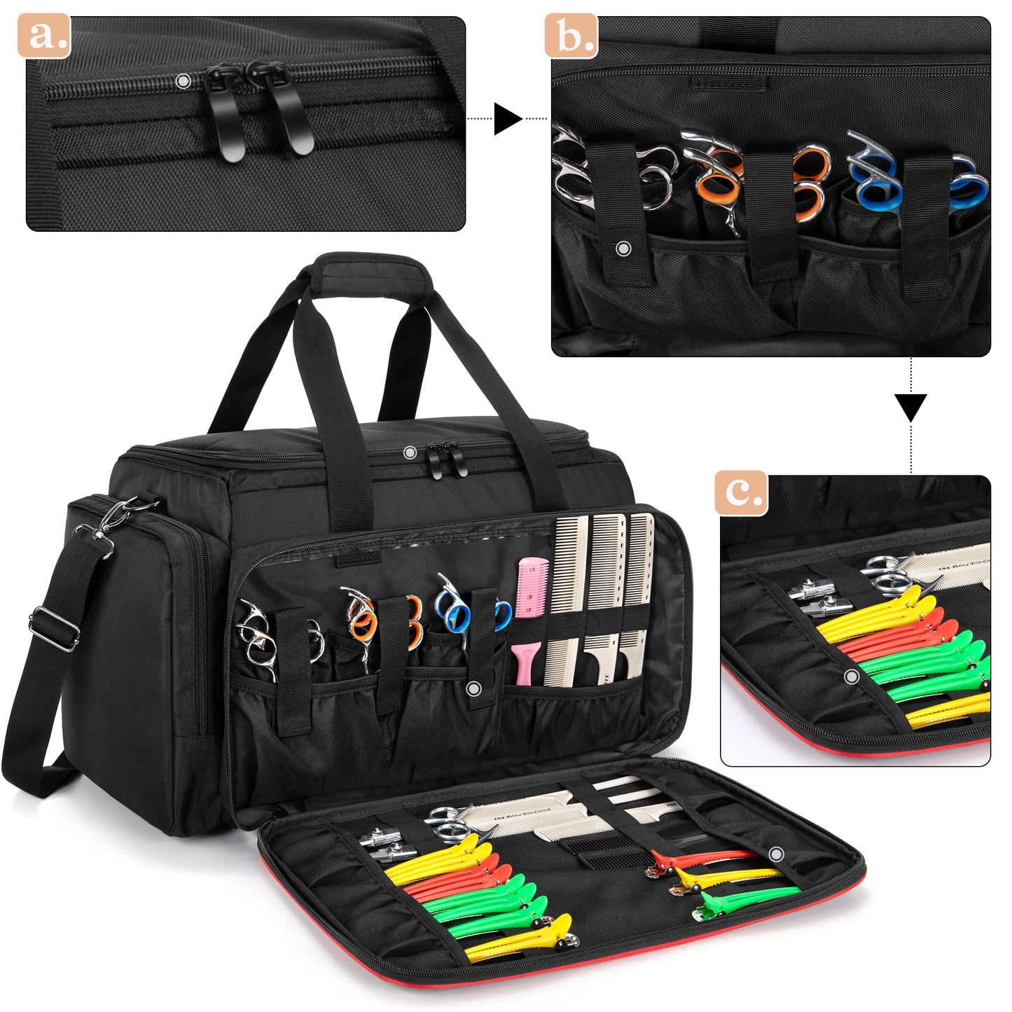 BAFASO Large Capacity Hairdresser Bag with Adjustable Dividers, Travel Barber Case Holds Various Hair Cutting Tools (NO ACCESSORIES), Black