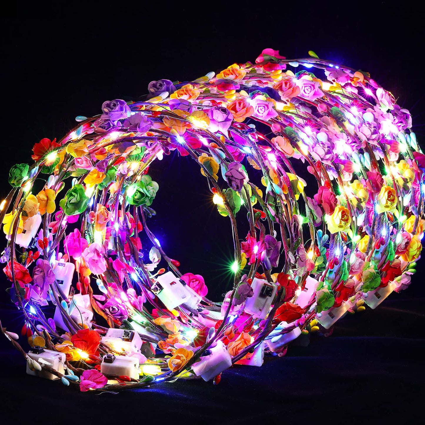 Syhood 50 Pcs LED Flower Crowns Headbands, Light up Flower Crowns for Women, Glow in The Dark Headband Rose Hairbands Wreath for Wedding Birthday Cosplay Favors Gifts Halloween Christmas (Rose)
