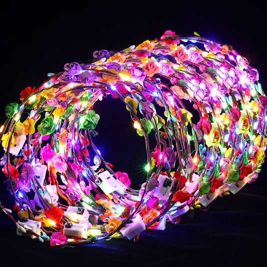 Syhood 50 Pcs LED Flower Crowns Headbands, Light up Flower Crowns for Women, Glow in The Dark Headband Rose Hairbands Wreath for Wedding Birthday Cosplay Favors Gifts Halloween Christmas (Rose)