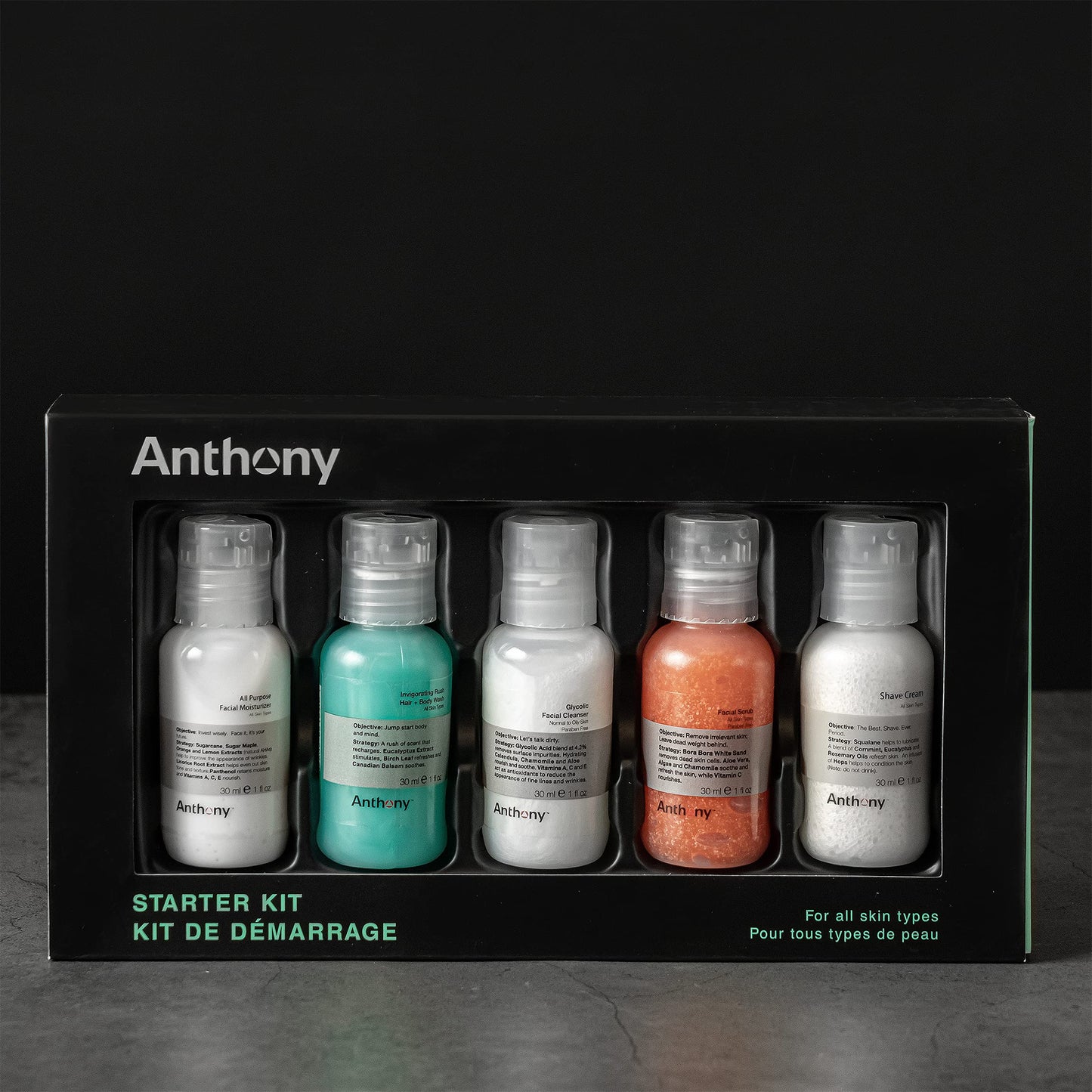 Anthony Starter Kit, 5 Count, Glycolic Facial Cleanser, Facial Scrub, All Purpose Facial Moisturizer, Invigorating Rush Hair & Body Wash, Shave Cream