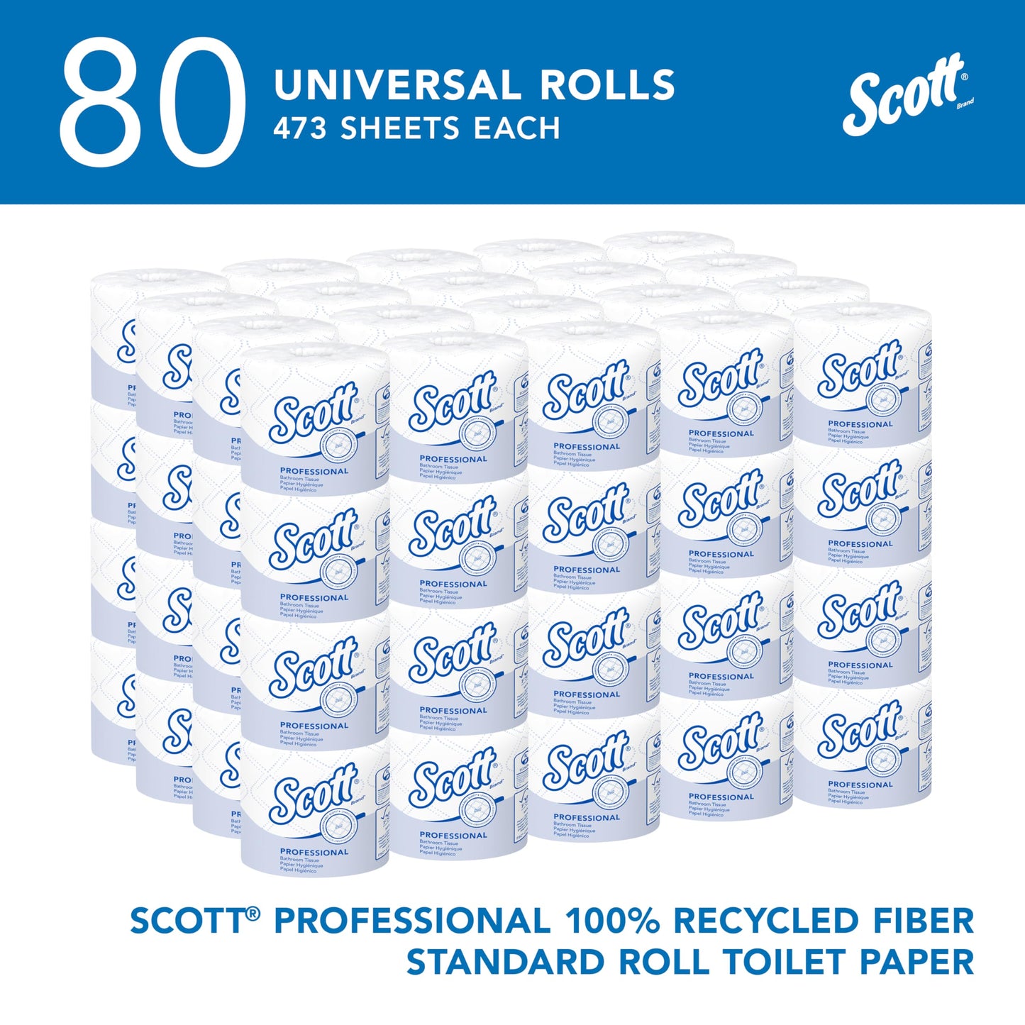 Scott Professional 100% Recycled Fiber Standard Roll Bulk Toilet Paper (13217), 2-Ply, Elevated Design, White, Individually Wrapped (80 Rolls of 473 Sheets, 37,840 Sheet Total)