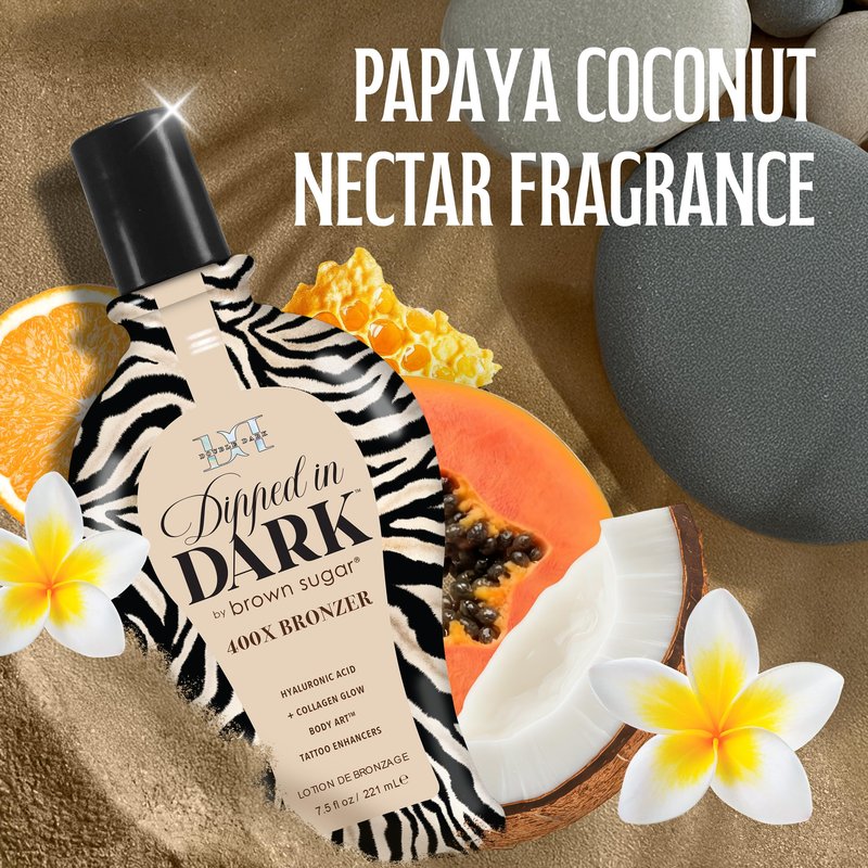 Brown Sugar Dipped in Dark Tanning Lotion, Double Dark 400X Bronzer with Hyaluronic Acid, Collagen & Tattoo Enhancers, 7.5 Fl Oz