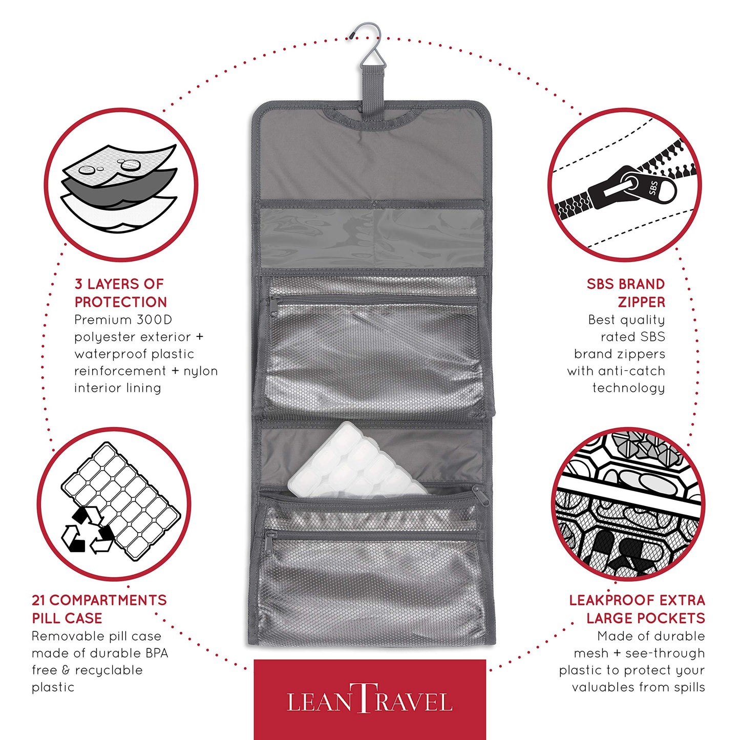 LeanTravel Hanging Toiletry Bag for Travel w/ 5 Pockets & 7 Day Plastic Pill Case Organizer