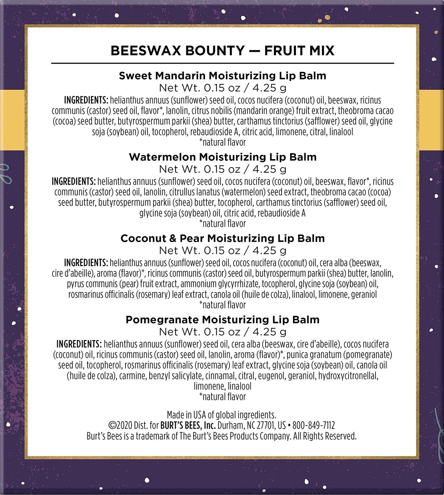 Burt’s Bees Holiday Gift, 4 Lip Balm Stocking Stuffer Products, Beeswax Fruit Set - Pomegranate, Sweet Mandarin, Coconut and Pear & Watermelon (Old Version)