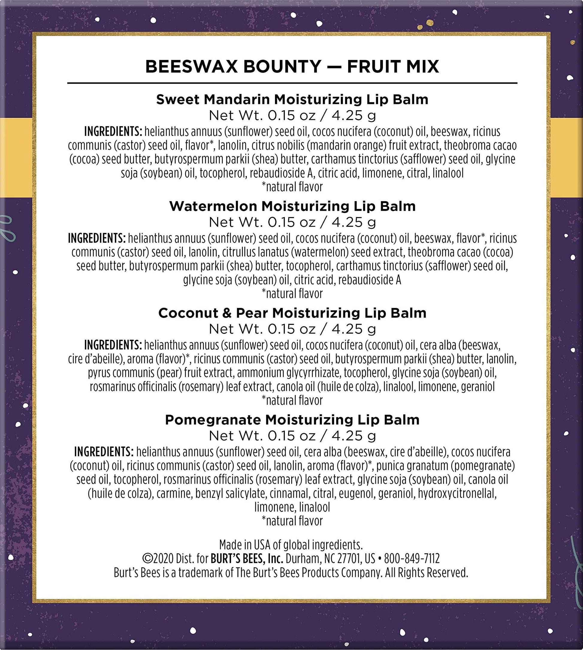 Burt’s Bees Holiday Gift, 4 Lip Balm Stocking Stuffer Products, Beeswax Fruit Set - Pomegranate, Sweet Mandarin, Coconut and Pear & Watermelon (Old Version)