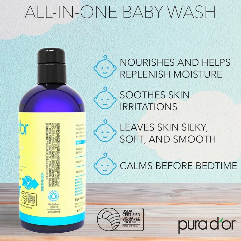 PURA D'OR Calming Baby Wash & Shampoo - Tear-Free, Sulfate-Free, Natural Aloe Vera | 16 Oz
