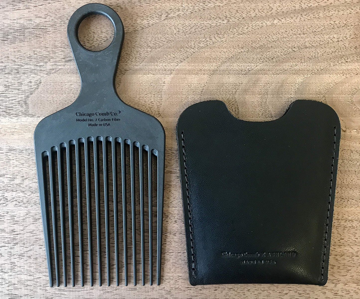 Chicago Comb No. 7 Carbon Fiber + Horween Dublin Black leather sheath, Made in USA, Detangling Pick & Lift Comb, Men & Women, Long, Curly & Thick Hair, Big Beards & Afros, Anti-Static, 6" (15 cm) Long