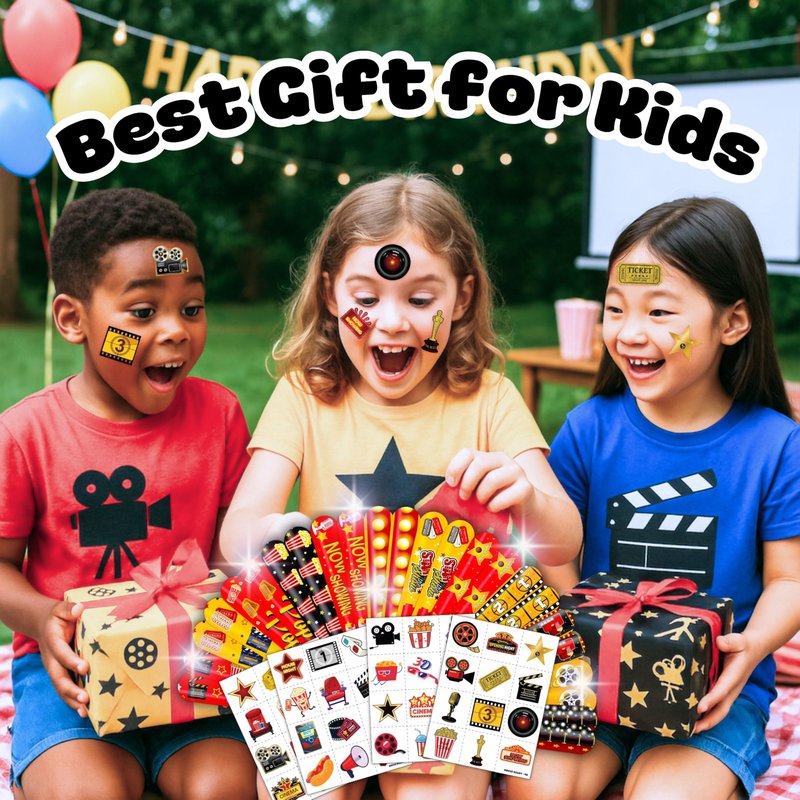 72PCS Movie Night Party Set - 48PCS Temporary Pre - Cut Tattoos & 24PCS Slap Bracelets - Fun Birthday Supplies, Baby Shower Gifts, Classroom Rewards & Movie-Themed Decor for Kids (Boys & Girls)