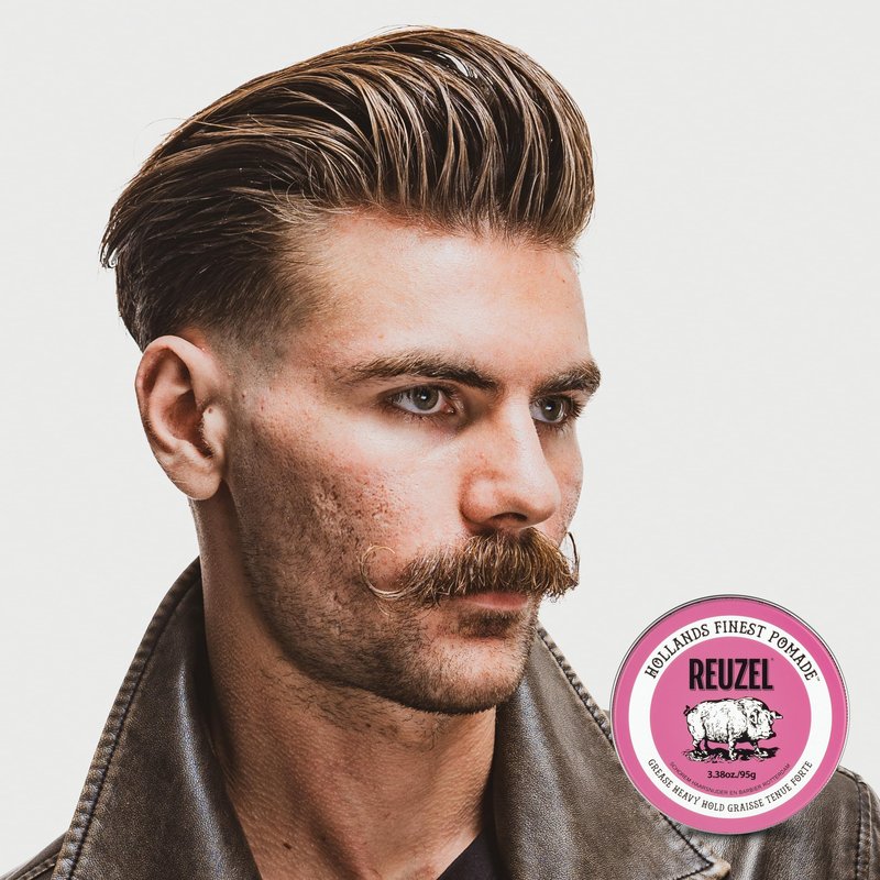 REUZEL Pink Grease Pomade, Strong All Day Hold, Oil-Based Styling Wax, Medium Shine, Easy To Wash Out, For All Hair Types
