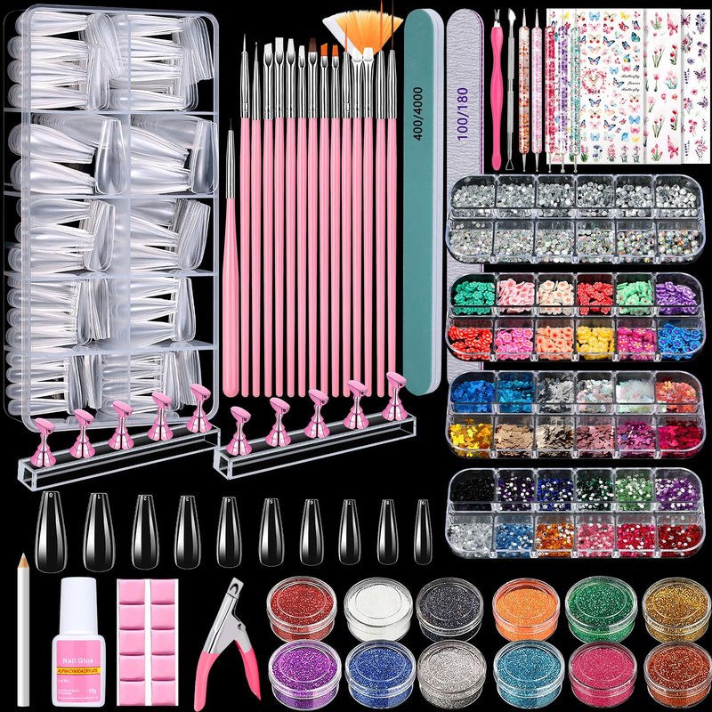Acrylic Fake Nails Kit Press On Nail Kit with Clear Coffin Nail Tips Nail Display Stand Sequins Sticker Rhinestones Decorations Nail Glue Nail Clay Fine Glitter DIY Nail Art Tool and Supplies
