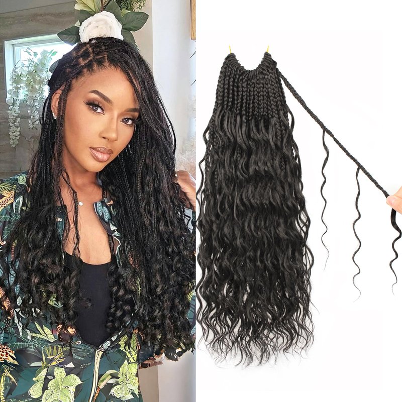 Goddess Box Braids Crochet Hair 18 inch Pure Protein Fiber Close to Human Hair 8 packs Boho Crochet Braids for Black Women Pre looped Bohemian Box Braid with Curly Ends Hair Extensions(18 inch, 1B)
