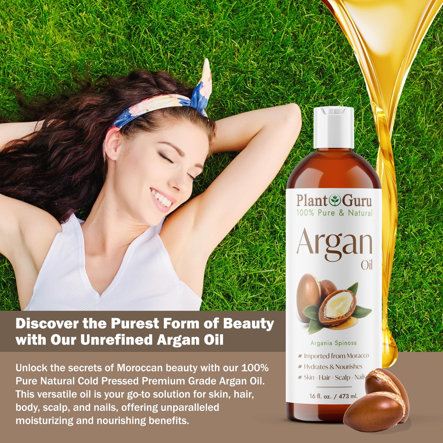 Plant Guru Argan Oil 16 fl. oz. Morocco Virgin, Cold Pressed 100% Pure Natural - Stimulates Hair Growth, Skin, Face And Body Moisturizer.