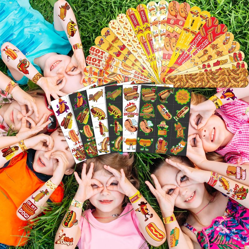 BOIKOKY 96 PCS Hot Dog Party Favors Set – 72 Pre-Cut Temporary Tattoos & 24 Slap Bracelets for Kids, Perfect for Food-Themed Birthday Parties, BBQ Celebrations & Classroom Rewards