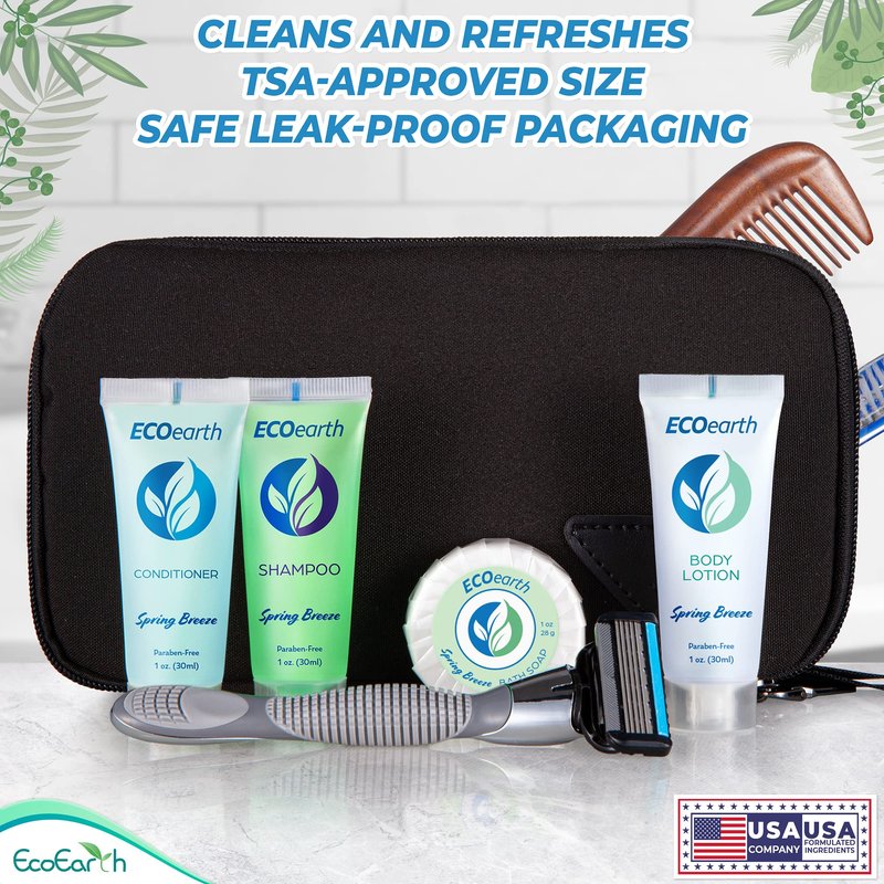 EcoEarth Hotel Toiletries Bundle (Spring Breeze, 1 oz each, 100 Pieces) 4-Piece Set: 25 Round Bar Soap, 25 Shampoo, 25 Conditioner & 25 Body Lotion - Bulk Mini Guest Amenities