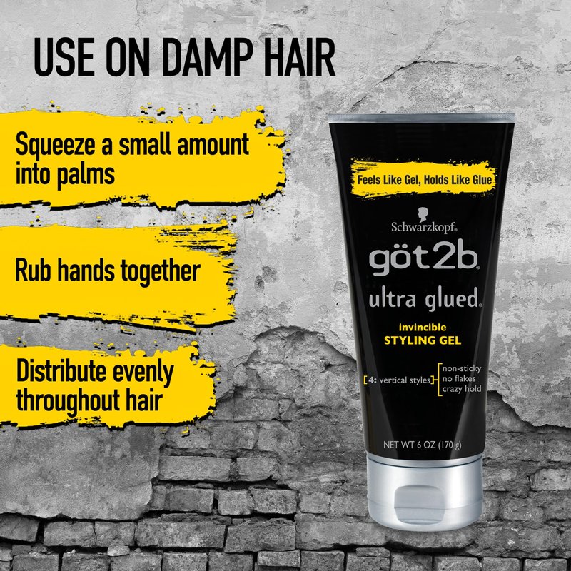 got2b Ultra Glued Invincible Styling Gel Set, 6 Fl Oz (2-Tube) + 1.25 Fl Oz Travel Size, Hair Gel for Men and Women with Extra Strong Hold, Non-Sticky, No-Flake Formula for Vertical Styles